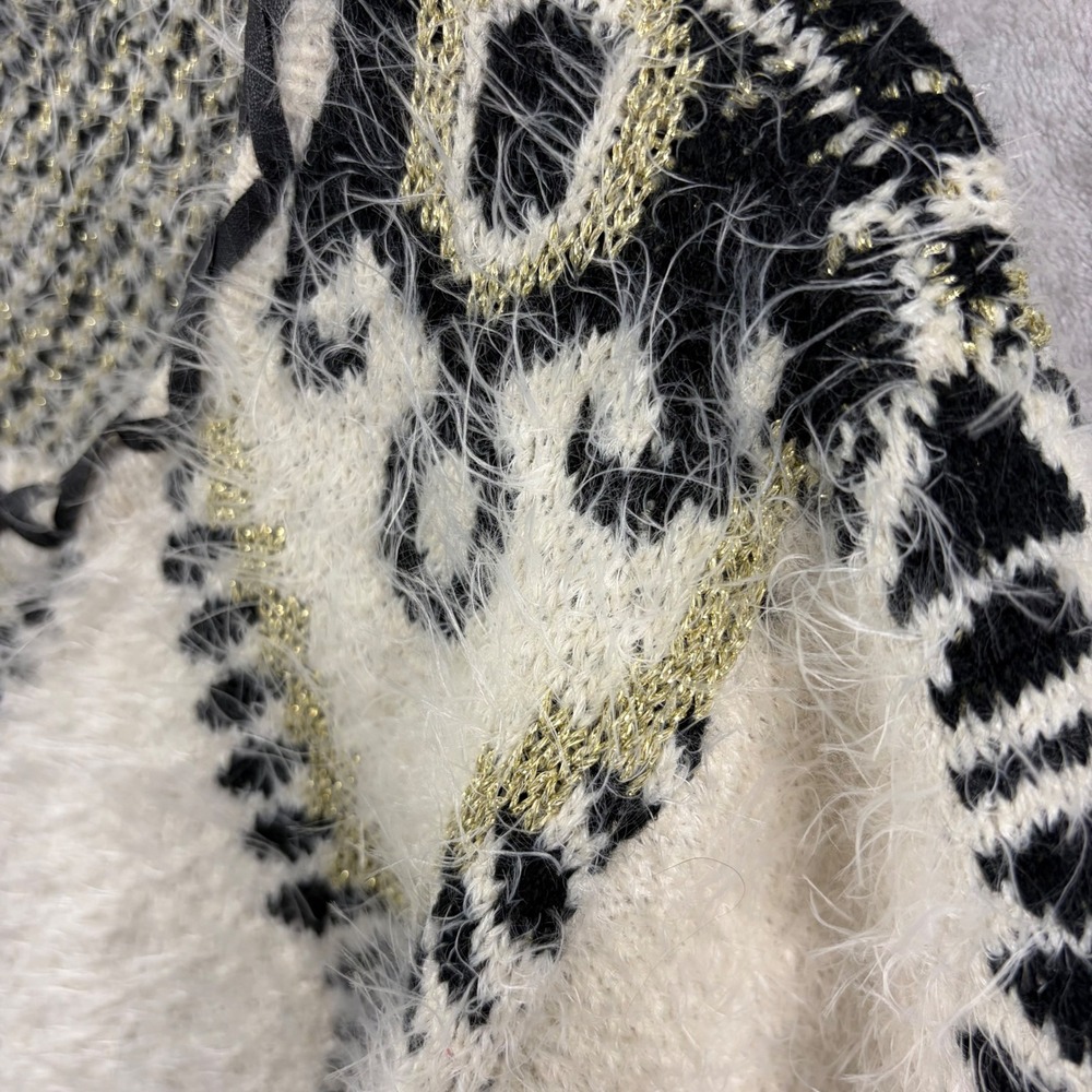 Alberto Makali XL Fuzzy Metallic Geometric Diamond Knit Cardigan Cream Statement - Picture 7 of 13
